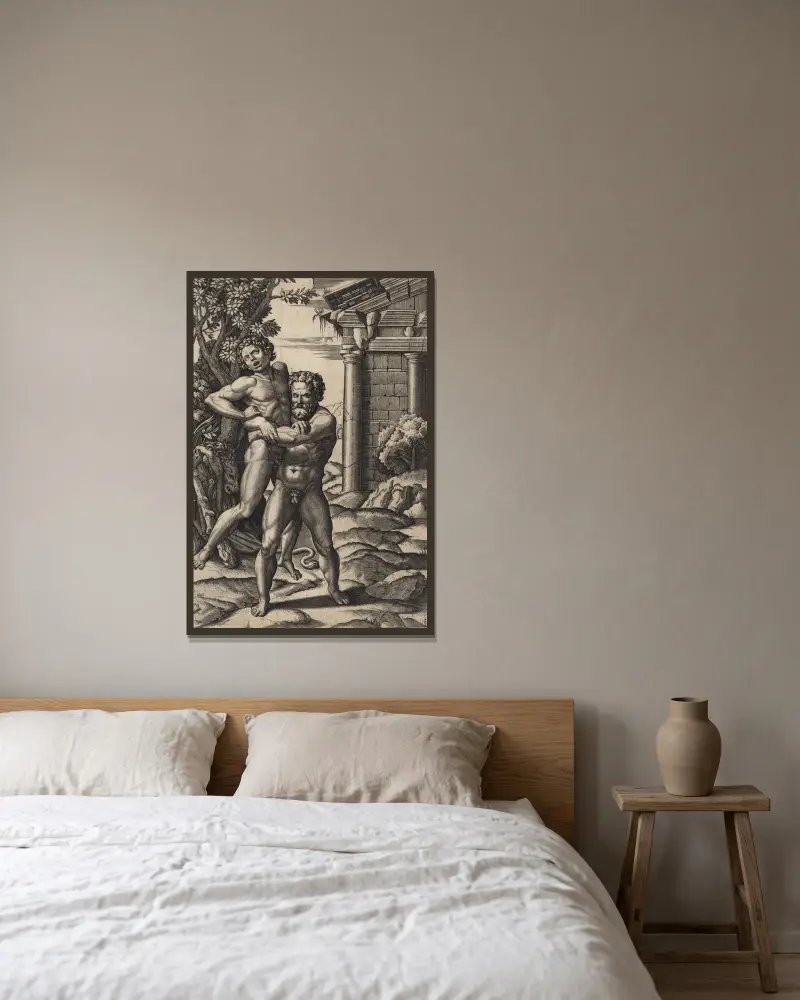 Hercules and Antaeus av Marcantonio Raimondi inramad på en vägg