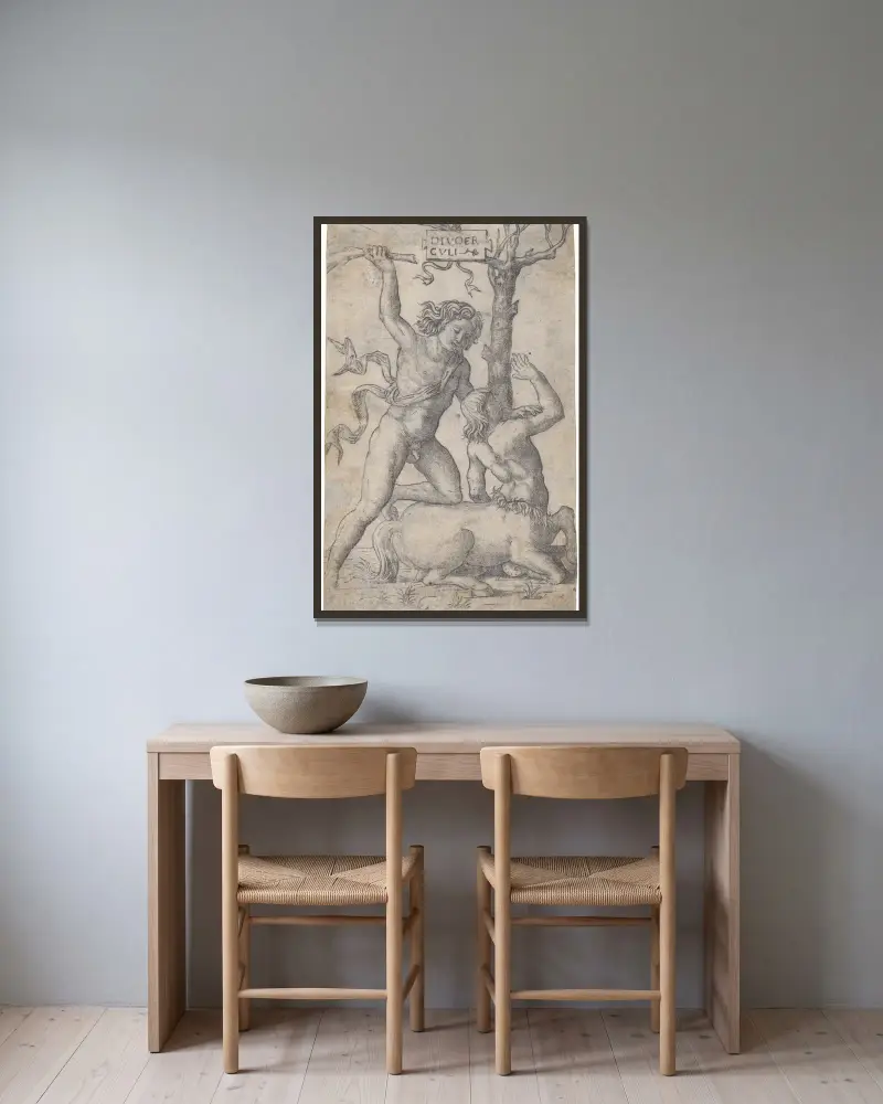 Hercules and Nessus av Marcantonio Raimondi inramad på en vägg