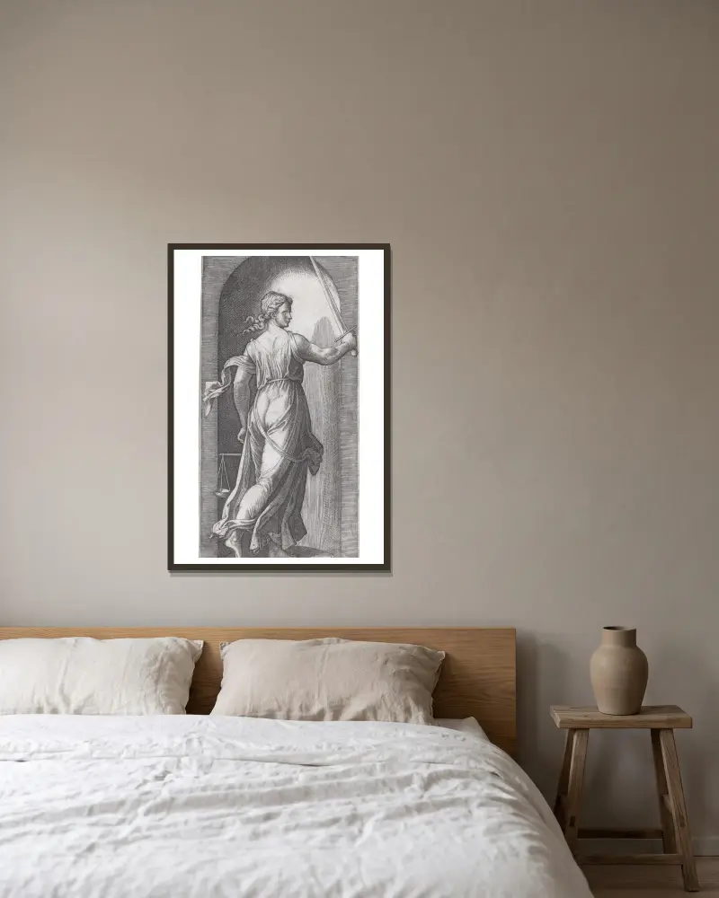 Gerechtigkeit von Marcantonio Raimondi gerahmt an einer Wand