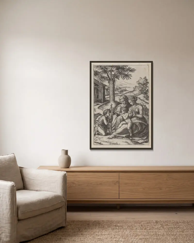 Madonna under a Palm Tree av Marcantonio Raimondi inramad på en vägg