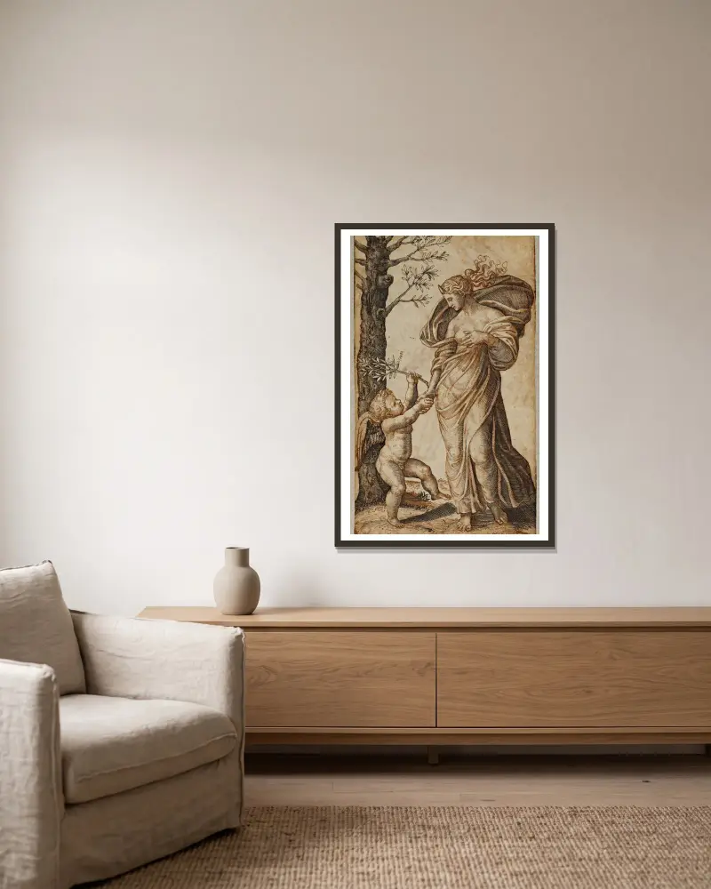 Reconciliation of Minerva and Cupid av Marcantonio Raimondi inramad på en vägg