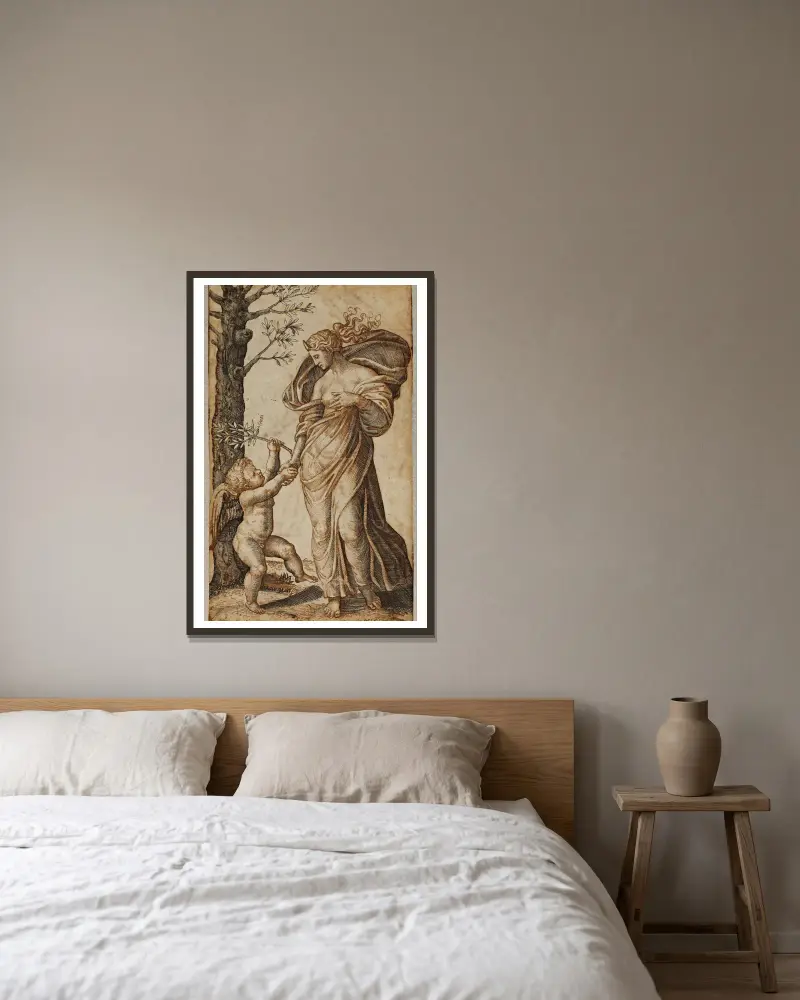 Reconciliation of Minerva and Cupid av Marcantonio Raimondi inramad på en vägg