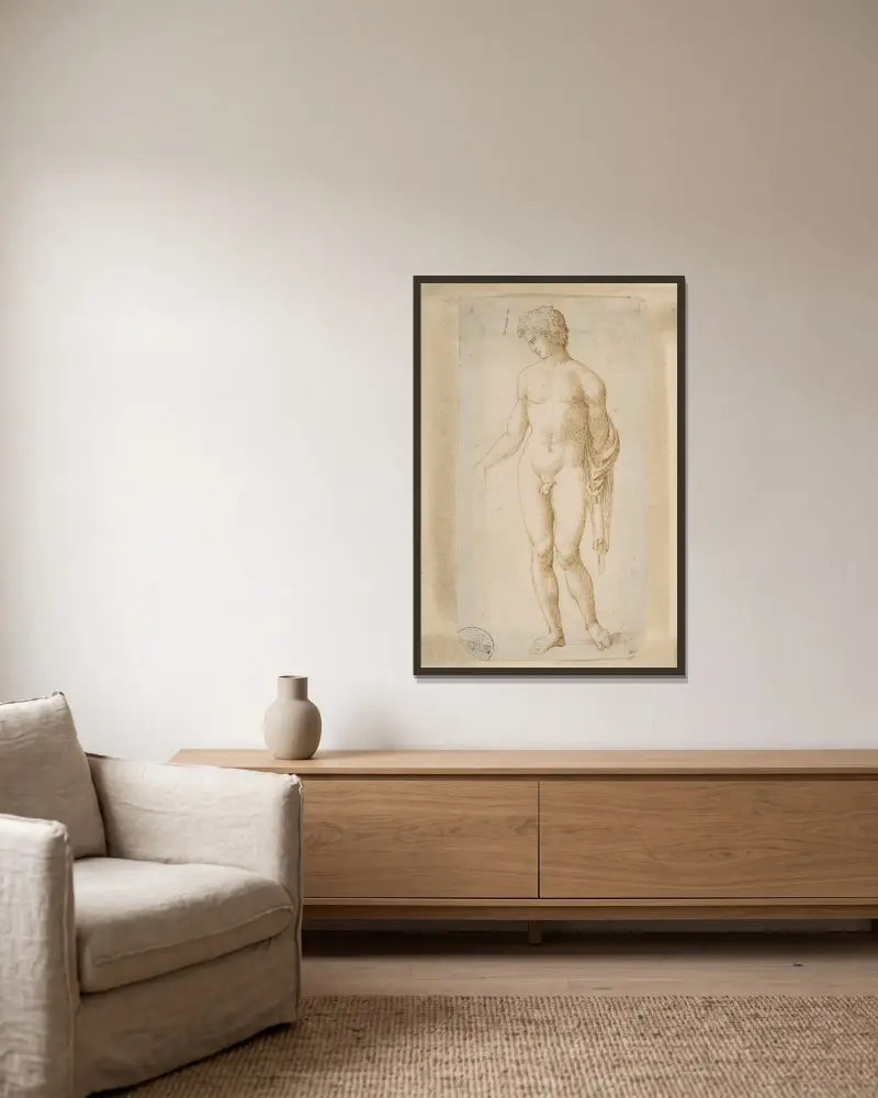 Standing Male Nude av Marcantonio Raimondi inramad på en vägg