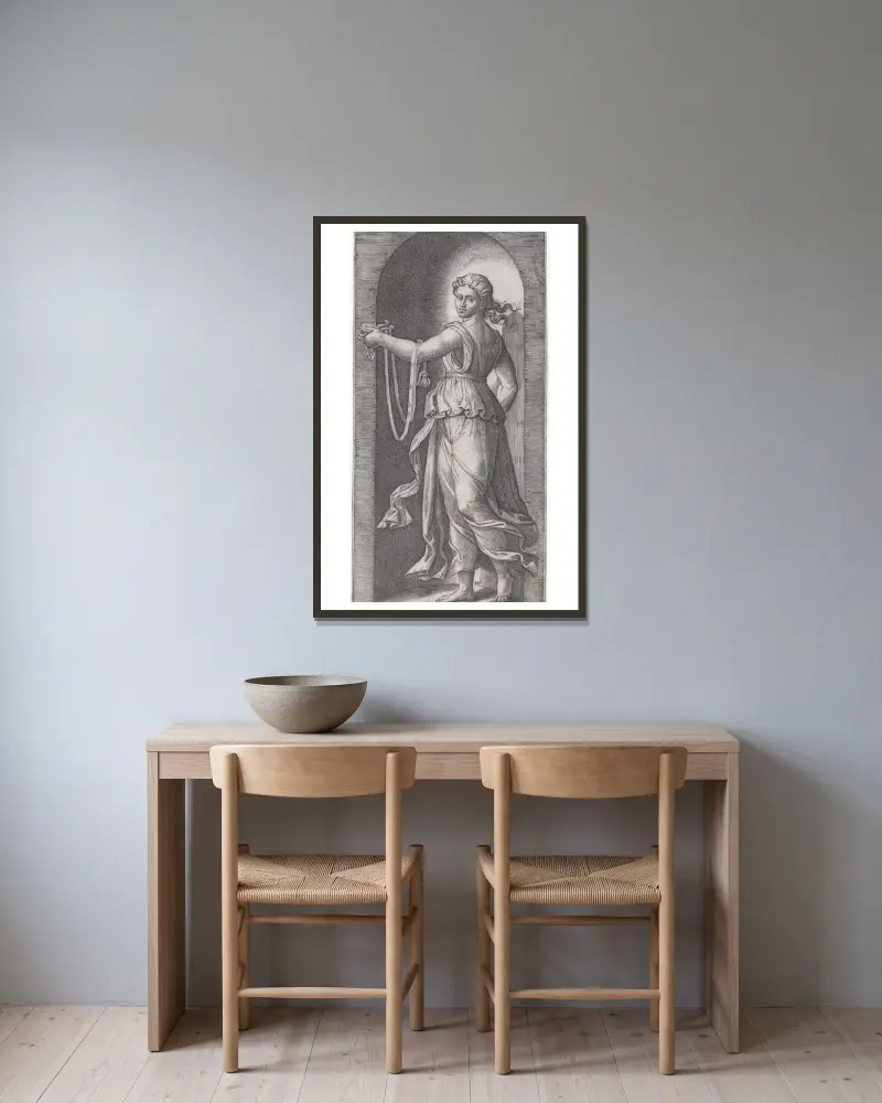 Mírnost, Marcantonio Raimondi v rámu na stěně