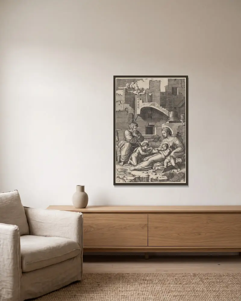 The Holy Family av Marcantonio Raimondi inramad på en vägg
