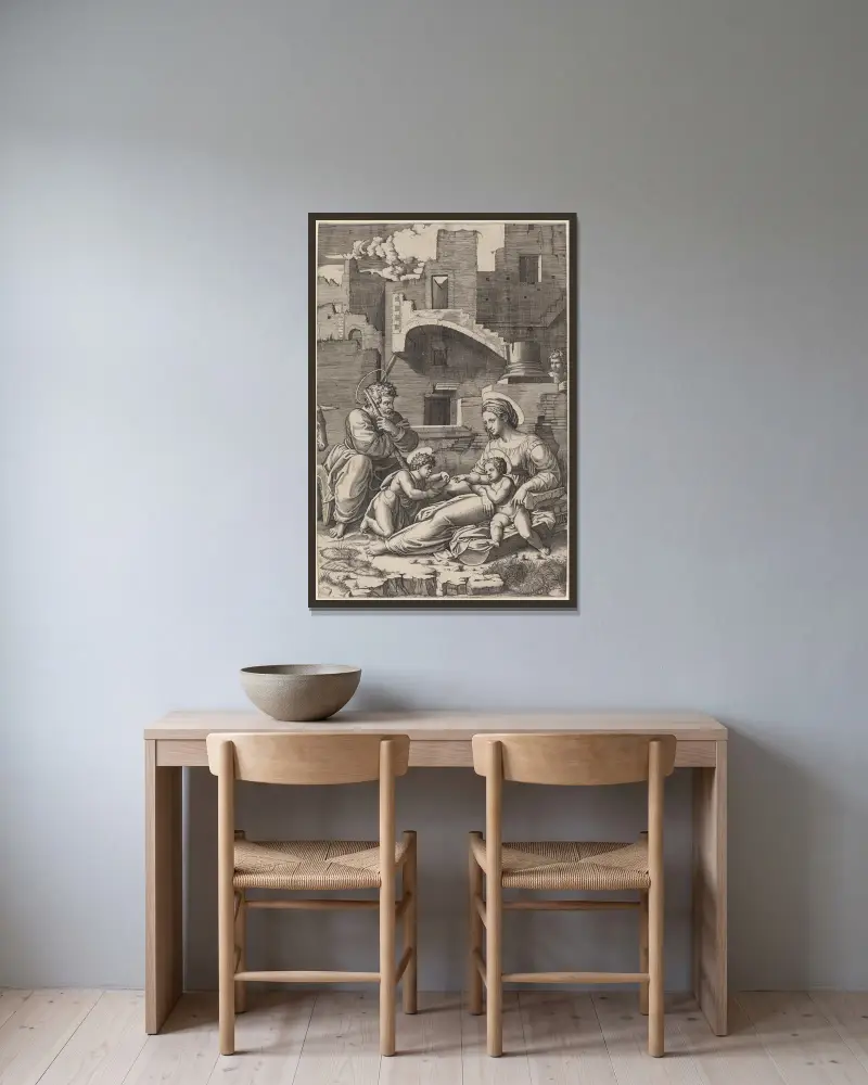 The Holy Family av Marcantonio Raimondi inramad på en vägg