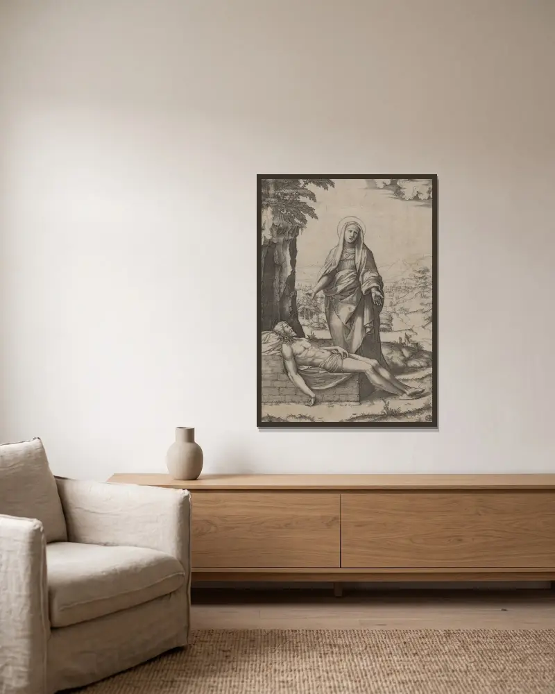 The Lamentation of the Virgin, 1510 – nr 2 av Marcantonio Raimondi inramad på en vägg