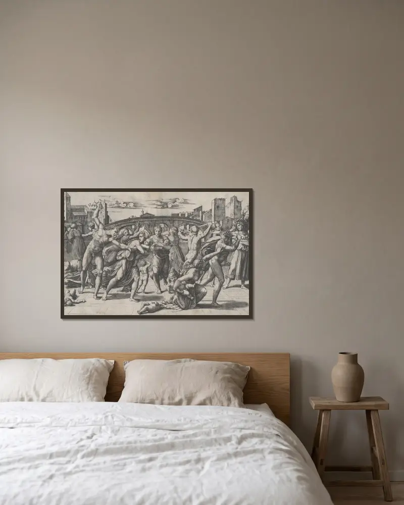 The Massacre of the Innocents av Marcantonio Raimondi inramad på en vägg