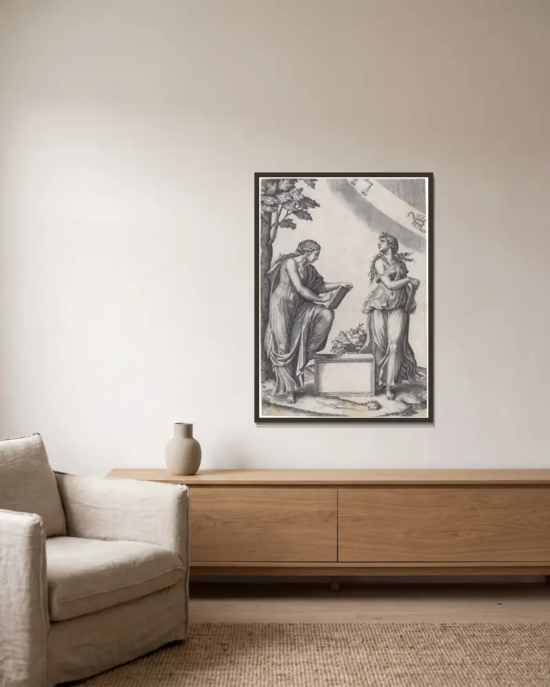 Two Women with the Zodiac av Marcantonio Raimondi inramad på en vägg
