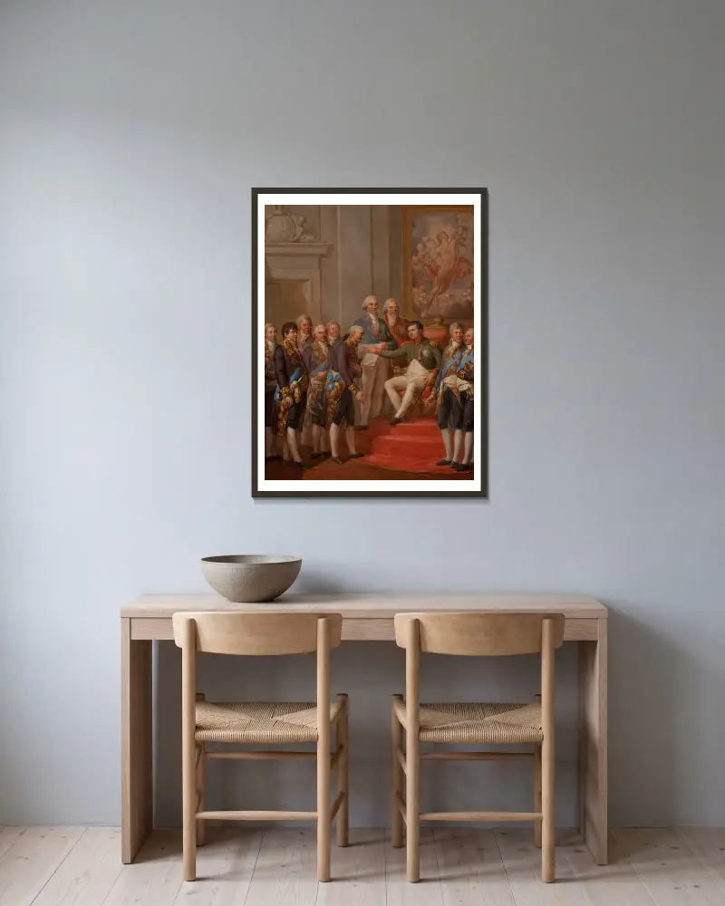 Granting of the Constitution of the Duchy of Warsaw by Napoleon av Marcello Bacciarelli inramad på en vägg