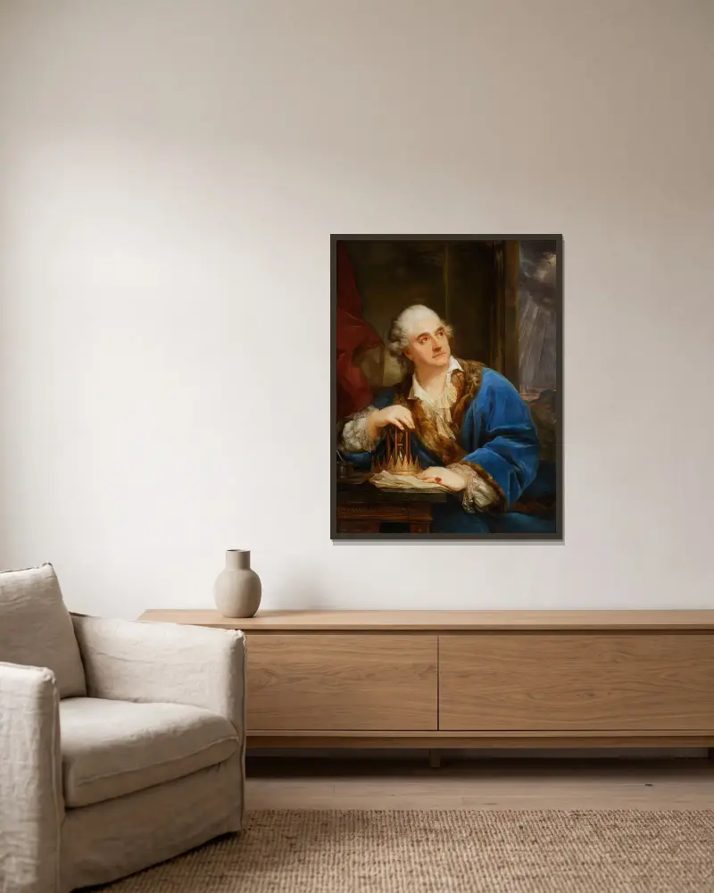 Portrait of Stanisław August with hourglass av Marcello Bacciarelli inramad på en vägg