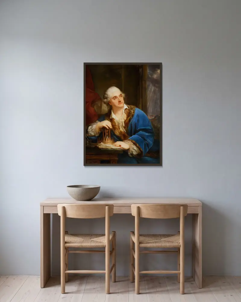 Portrait of Stanisław August with hourglass av Marcello Bacciarelli inramad på en vägg