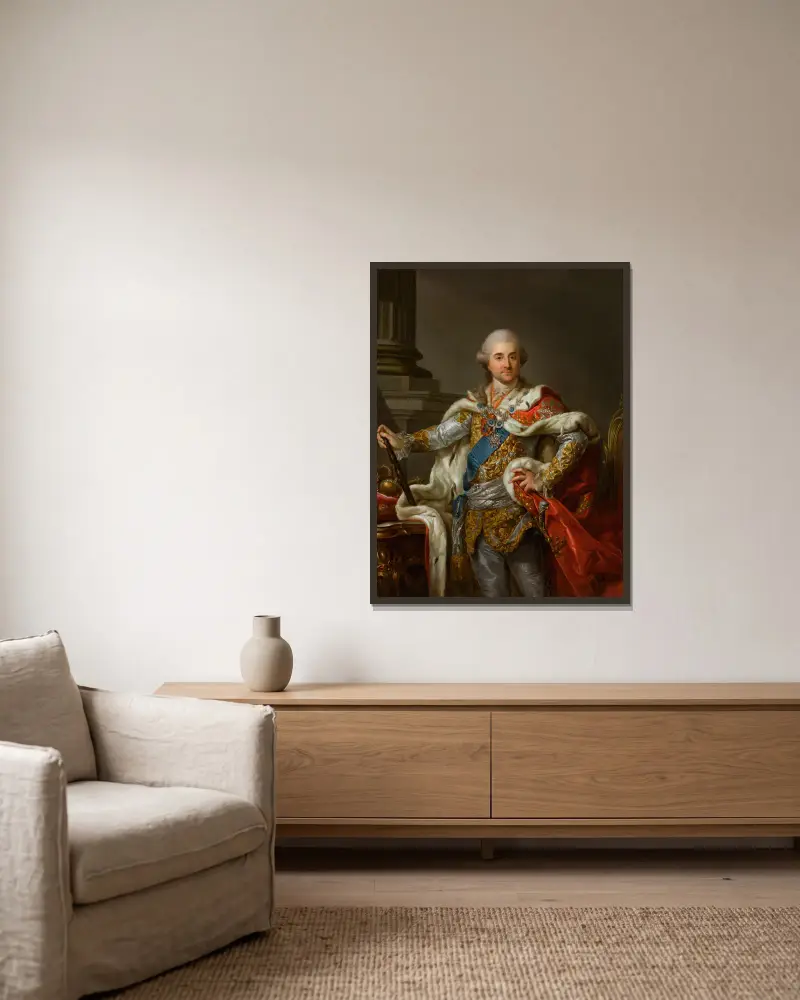 Portrait of Stanislaus Augustus Poniatowski in Coronation Robes av Marcello Bacciarelli inramad på en vägg