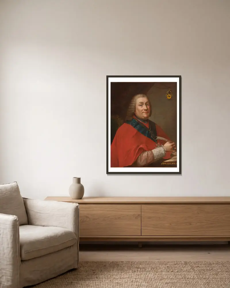 Portrait of Władysław Łubieński (1703–1767), Archbishop of Gniezno and the Primate of Poland av Marcello Bacciarelli inramad på en vägg
