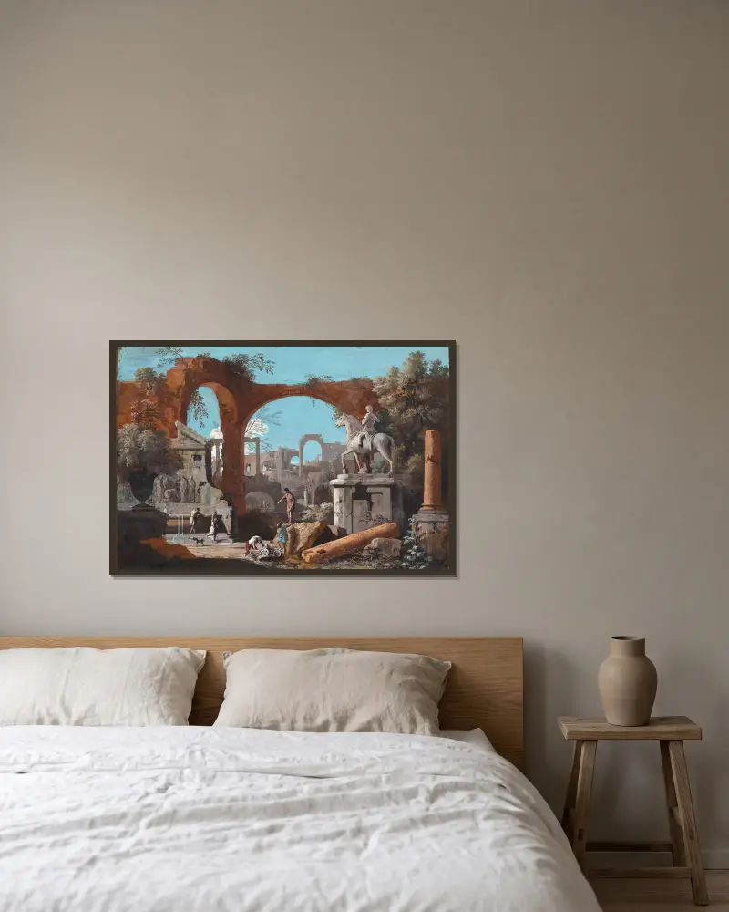 A Capriccio of Roman Ruins av Marco Ricci inramad på en vägg