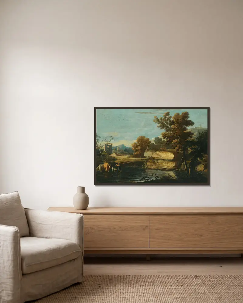 A Lacustrine Landscape With A Herder And His Animals Resting By The Water, A Town Beyond av Marco Ricci inramad på en vägg