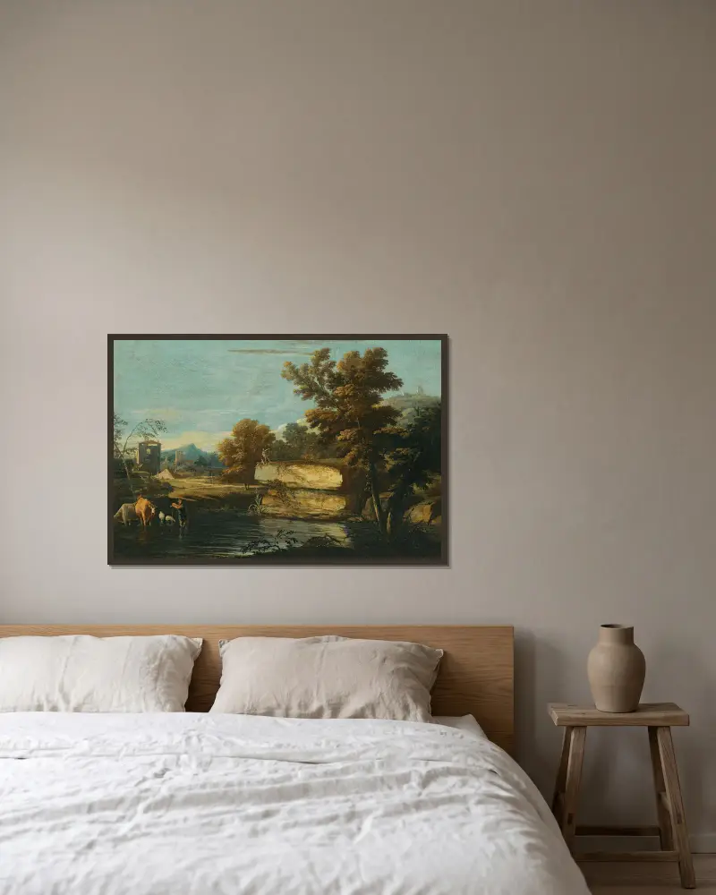 A Lacustrine Landscape With A Herder And His Animals Resting By The Water, A Town Beyond av Marco Ricci inramad på en vägg