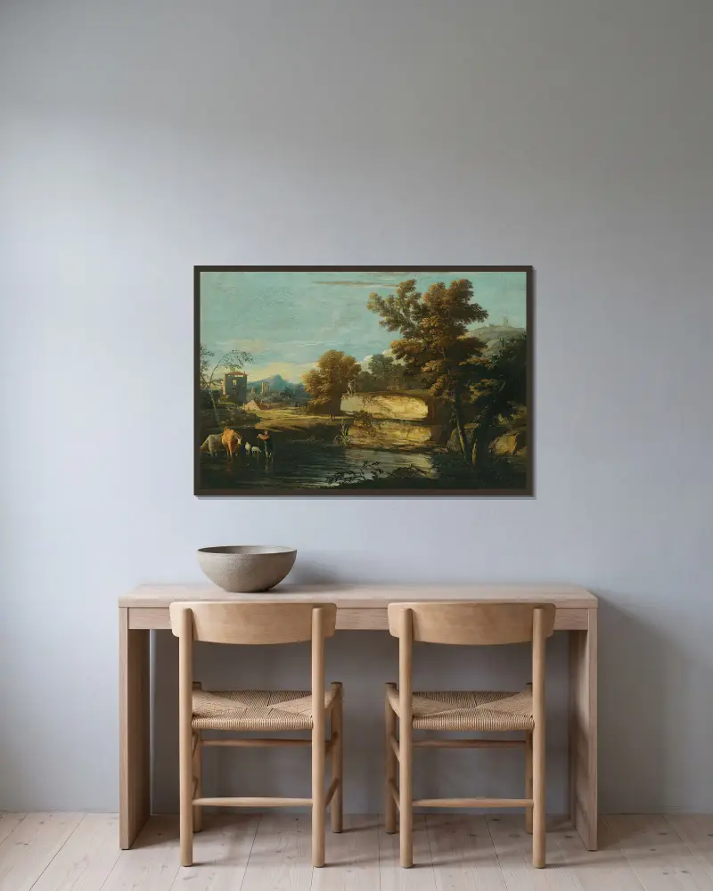 A Lacustrine Landscape With A Herder And His Animals Resting By The Water, A Town Beyond av Marco Ricci inramad på en vägg