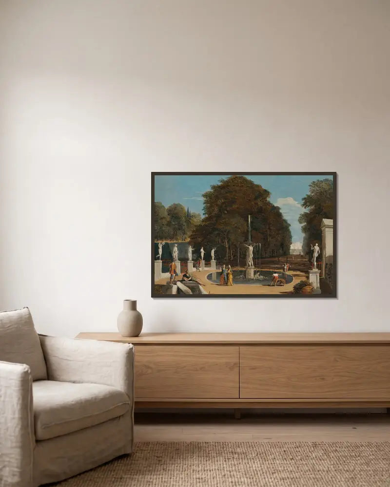 A Landscape With Figures Conversing In A Park Beside A Fountain av Marco Ricci inramad på en vägg