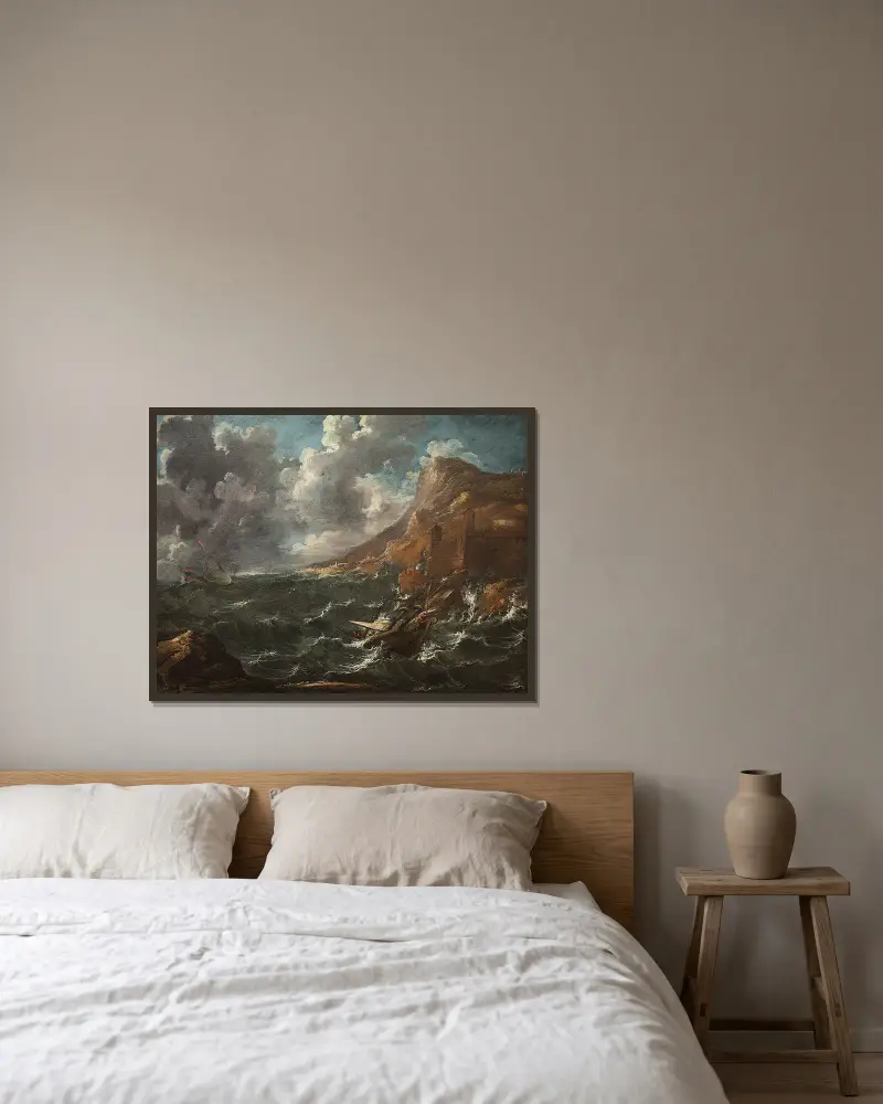 Ships in a Gale av Marco Ricci inramad på en vägg