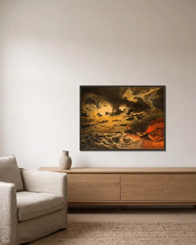 Dampfschiff in Flammen von Marcus Larson gerahmt an einer Wand