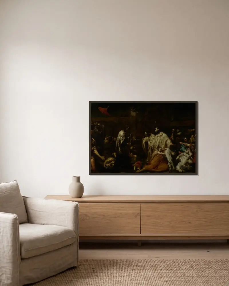 Den salige Bernard Tolomei vädjar om pestens upphörande i Siena av Giuseppe Maria Crespi inramad på en vägg