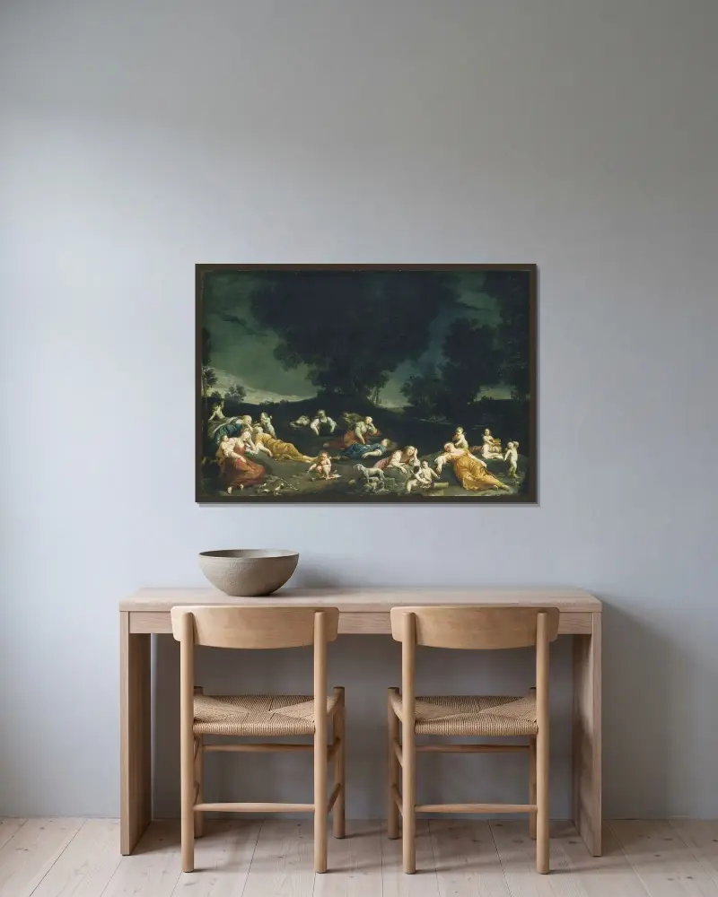 Amor avväpnar den sovande nymfen av Giuseppe Maria Crespi inramad på en vägg