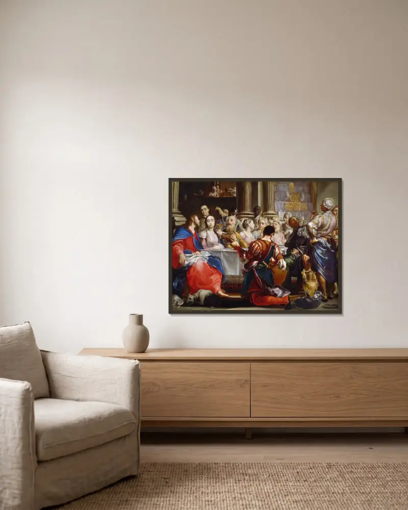 Bröllopet i Kana av Giuseppe Maria Crespi inramad på en vägg
