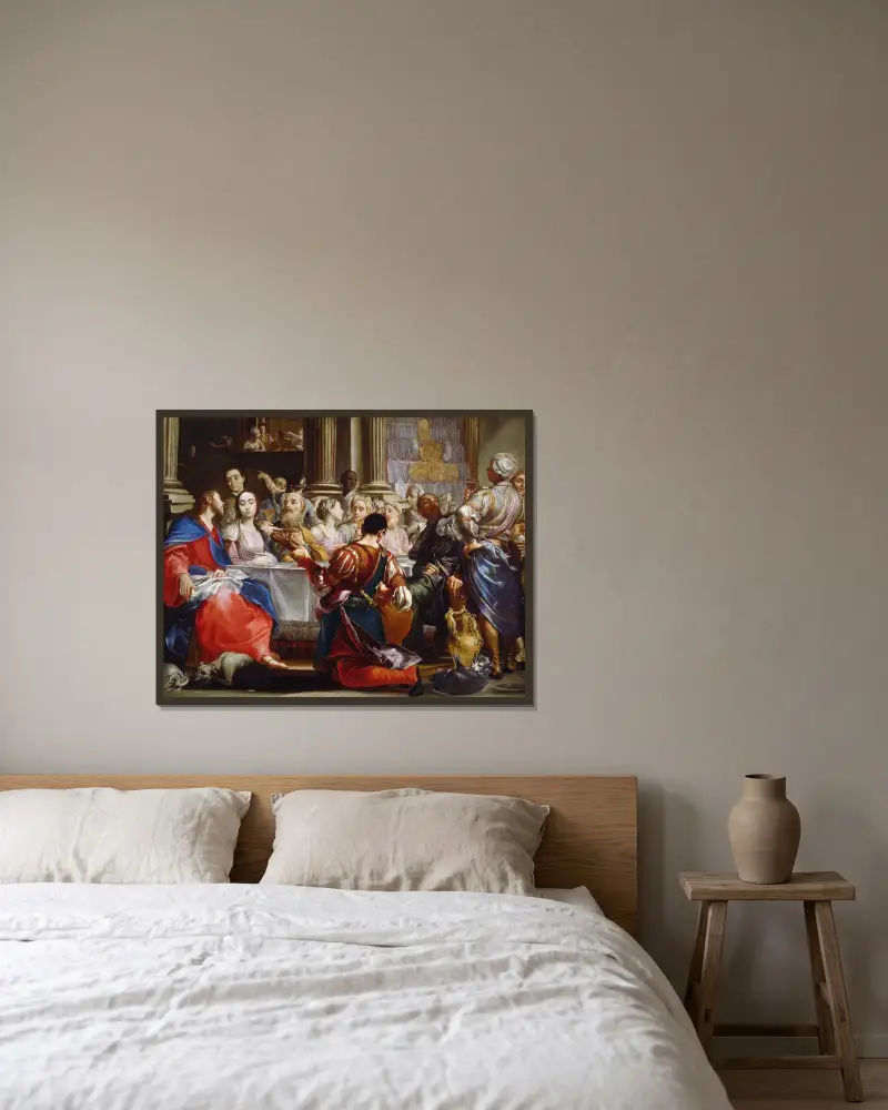 Bröllopet i Kana av Giuseppe Maria Crespi inramad på en vägg