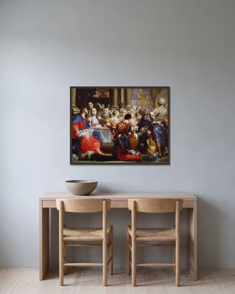 Bröllopet i Kana av Giuseppe Maria Crespi inramad på en vägg