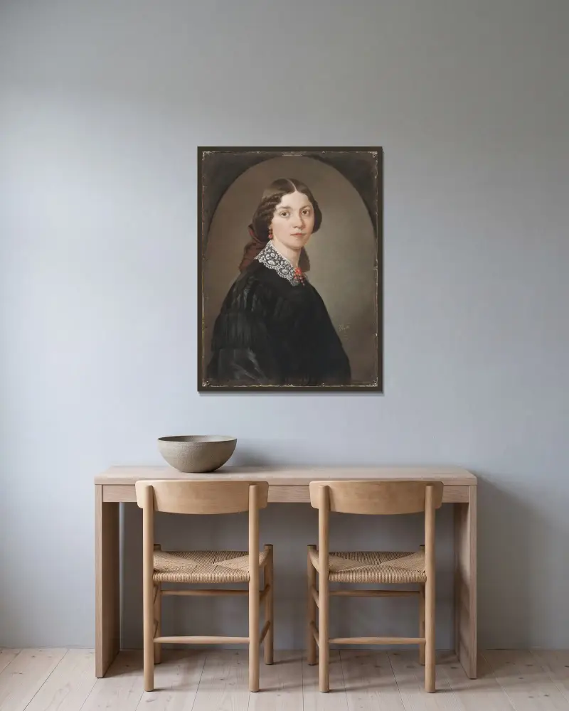 Charlotta ‘Lotten’ Lindblad (1829-1912), pianist av Maria Röhl inramad på en vägg