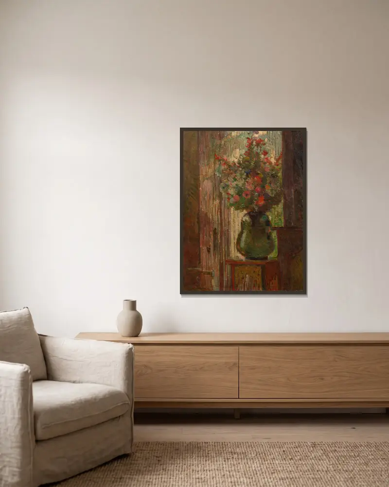 Bouquet of flowers by the window av Marie Bracquemond inramad på en vägg