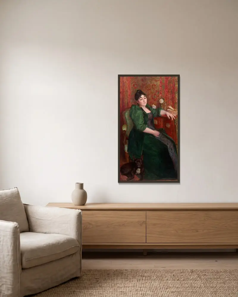 Autoportret artystki w fotelu z Bobem, jej francuskim buldogiem, Marie Bracquemond w ramie na ścianie