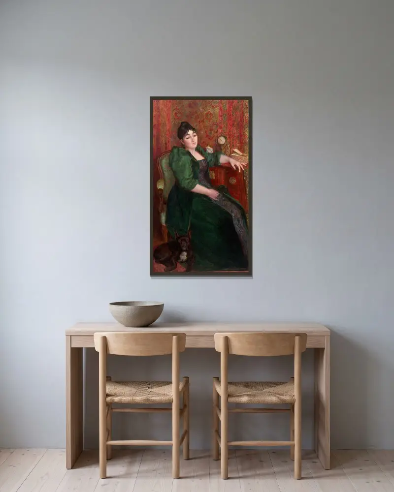 Autoportret artystki w fotelu z Bobem, jej francuskim buldogiem, Marie Bracquemond w ramie na ścianie