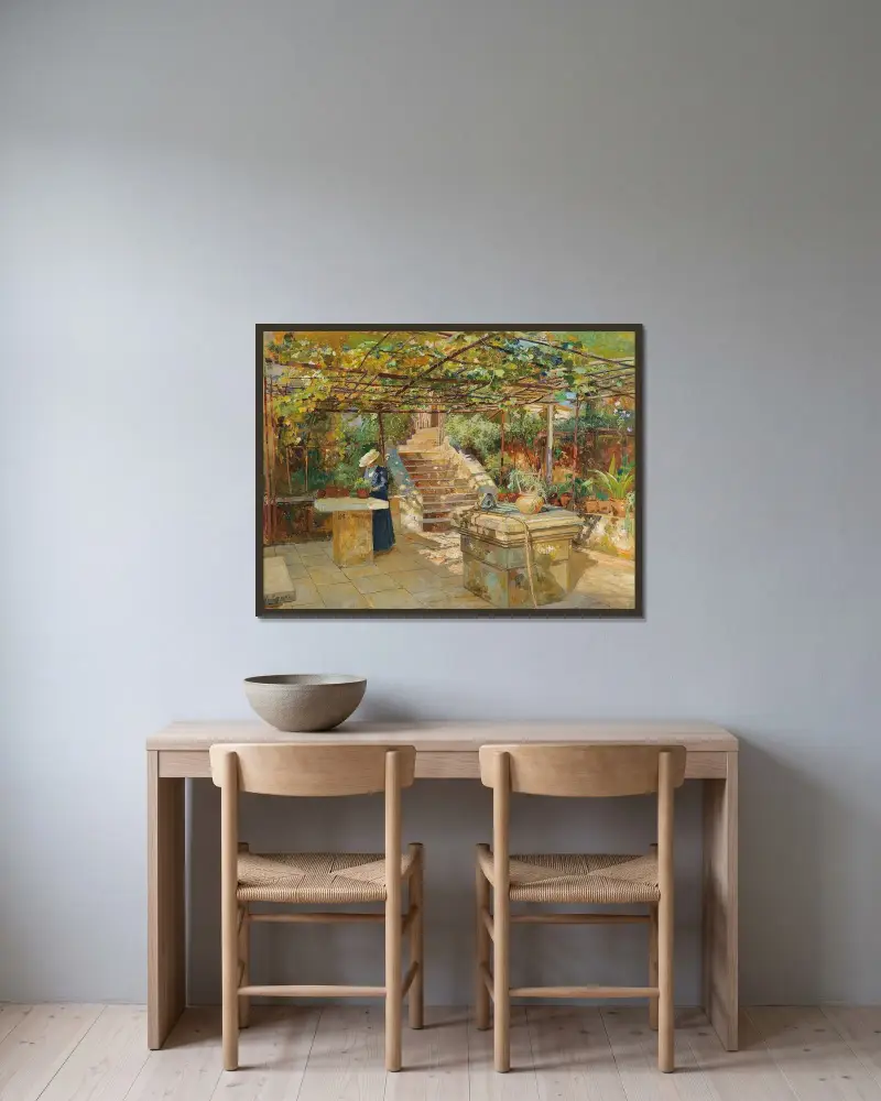 Eine Blumenliebhaberin auf einer sonnigen Terrasse von Marie Egner gerahmt an einer Wand