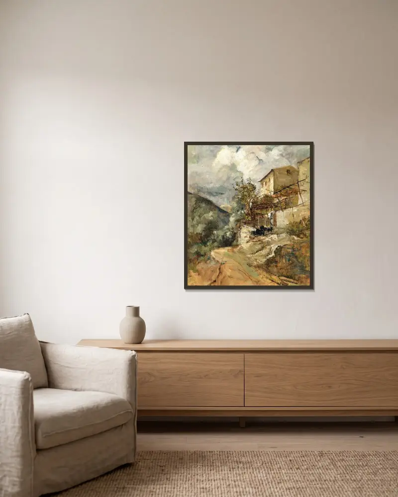 Südliche Landschaft mit Schafen von Marie Egner gerahmt an einer Wand
