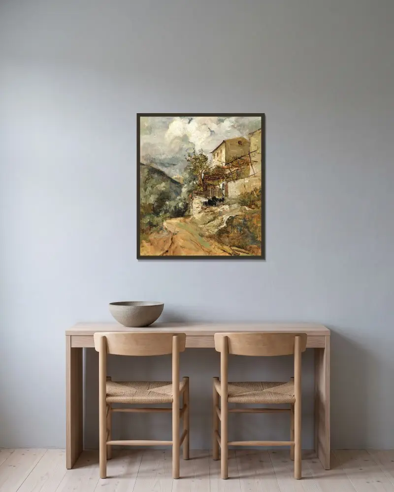Südliche Landschaft mit Schafen von Marie Egner gerahmt an einer Wand