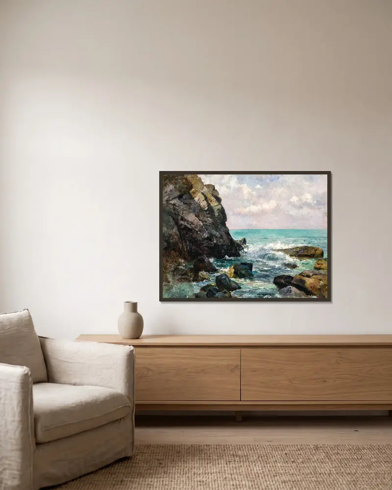 Brechende Wellen in Istrien von Marie Egner gerahmt an einer Wand