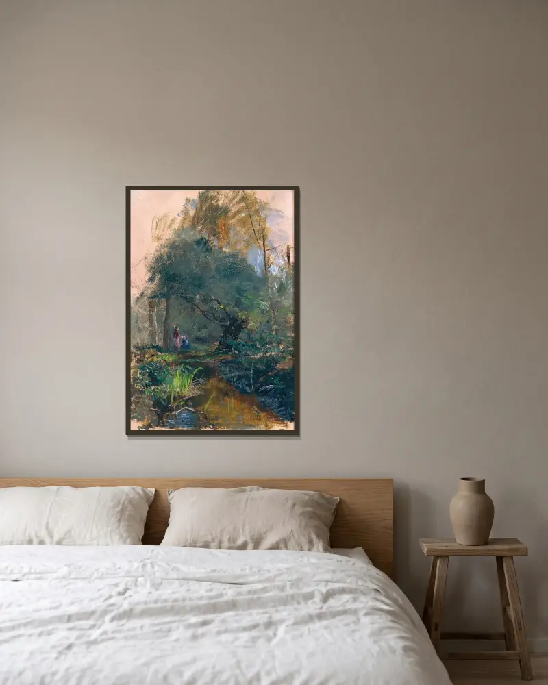Kinder an einem Bergbach von Marie Egner gerahmt an einer Wand