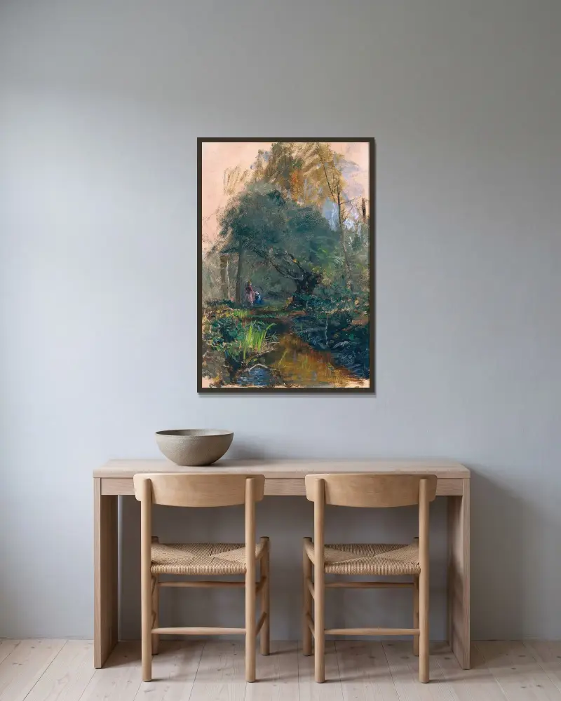 Kinder an einem Bergbach von Marie Egner gerahmt an einer Wand