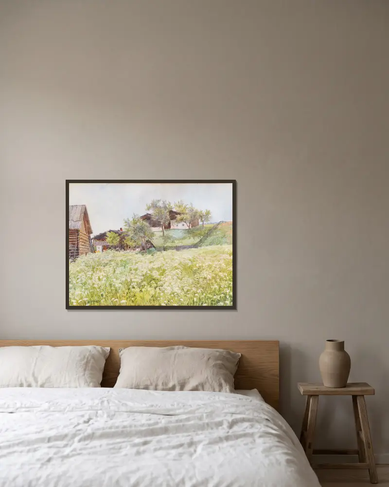 Farm houses, a white blooming field in front of it av Marie Egner inramad på en vägg