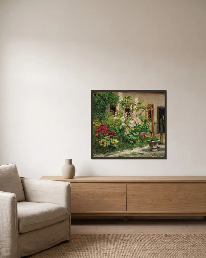 Vorgarten mit blühenden Stockrosen – Nr. 1 von Marie Egner gerahmt an einer Wand