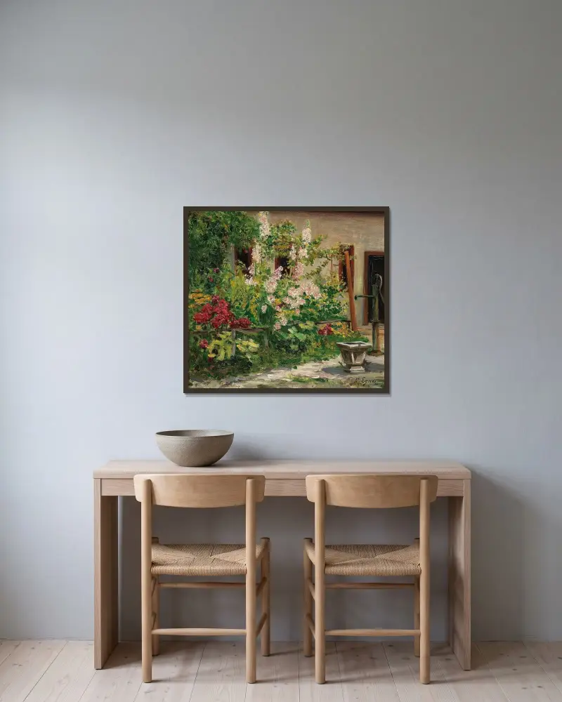 Vorgarten mit blühenden Stockrosen – Nr. 1 von Marie Egner gerahmt an einer Wand