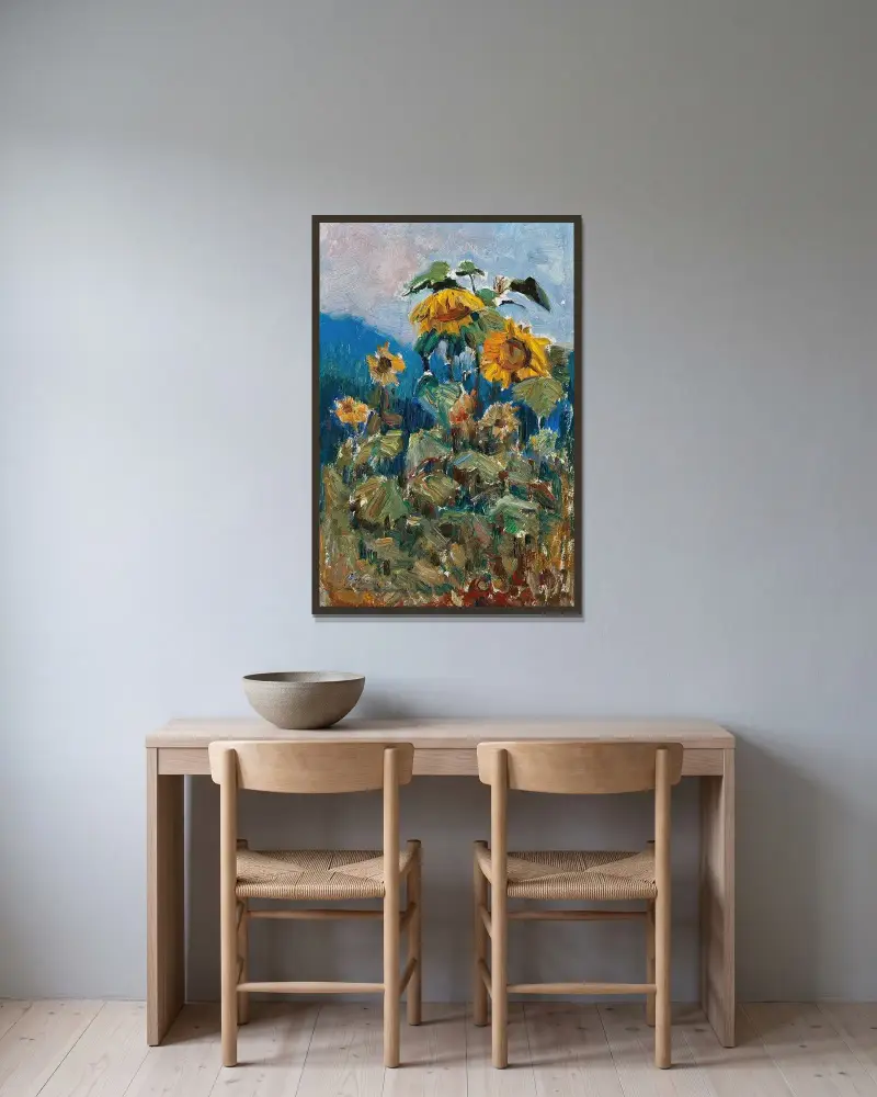 Sonnenblumenstudie – Nr. 2 von Marie Egner gerahmt an einer Wand