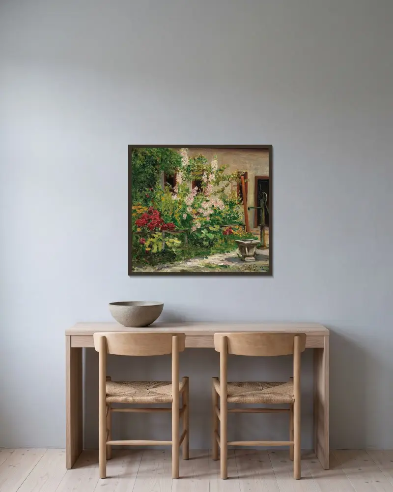 Vorgarten mit blühenden Stockrosen – Nr. 2 von Marie Egner gerahmt an einer Wand
