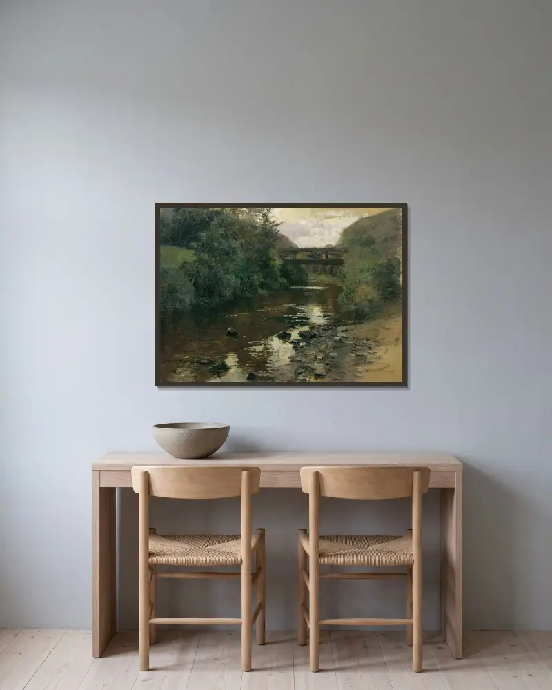 Lesní potok s mostem, Marie Egner v rámu na stěně