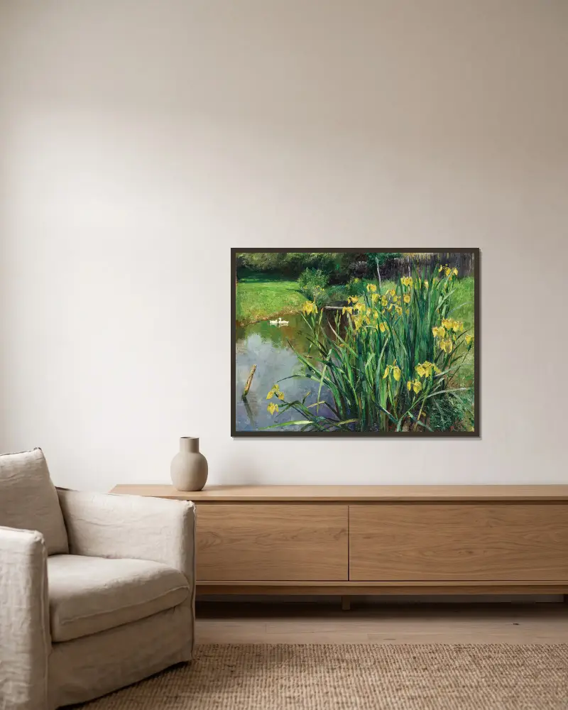 Yellow Irises by a Pond av Marie Egner inramad på en vägg