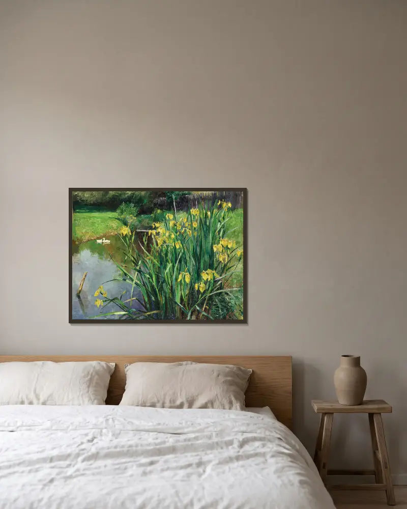 Yellow Irises by a Pond av Marie Egner inramad på en vägg