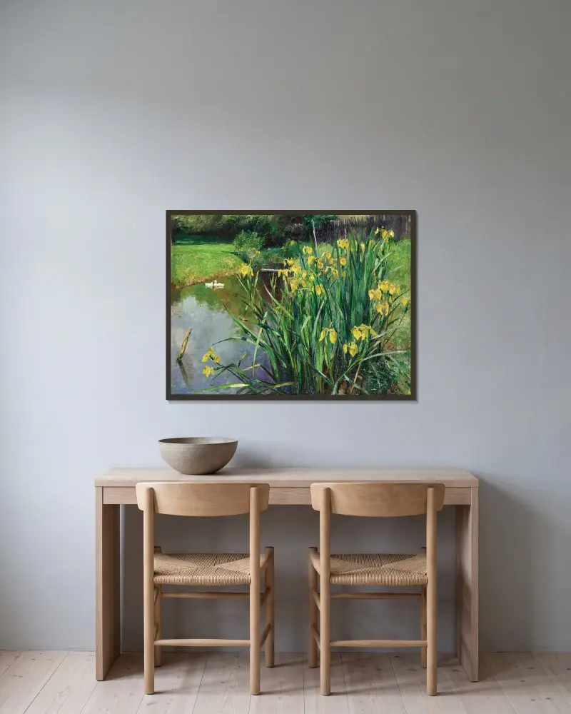 Yellow Irises by a Pond av Marie Egner inramad på en vägg