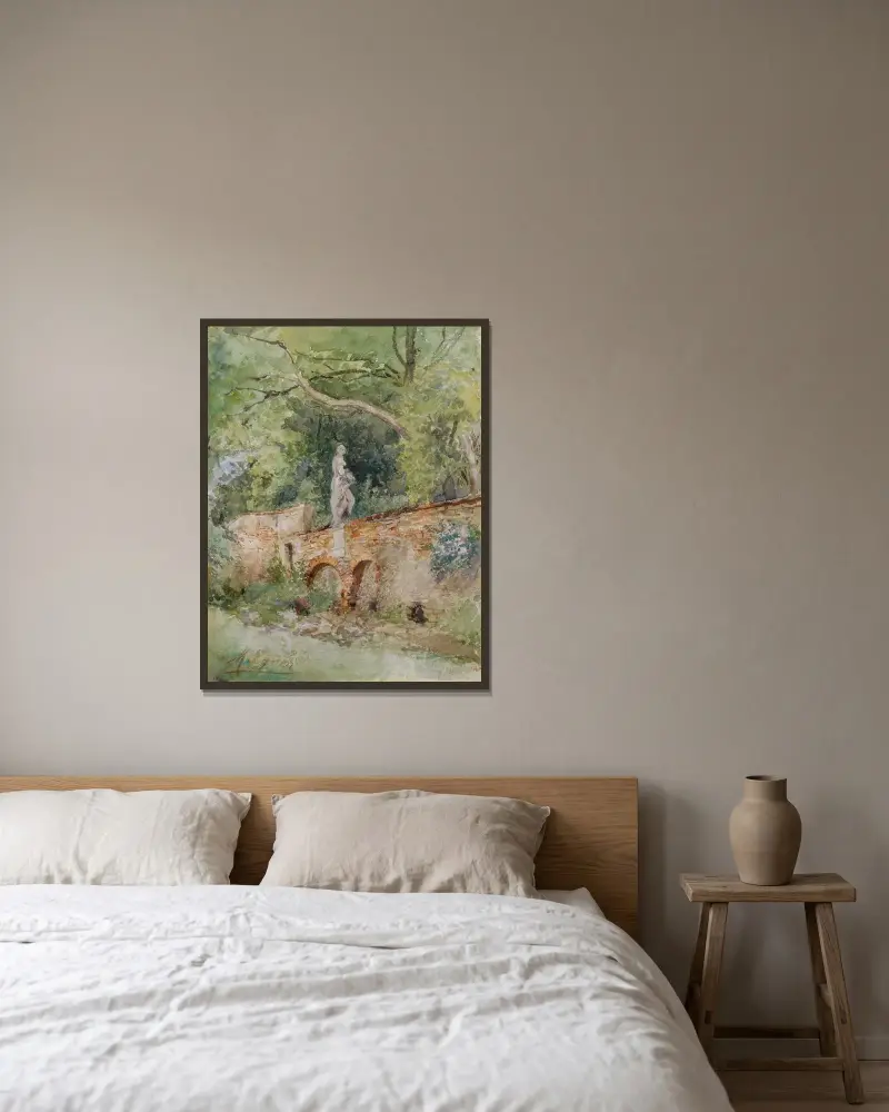 Ziegelbrücke mit einer Steinfigur Mödling von Marie Egner gerahmt an einer Wand